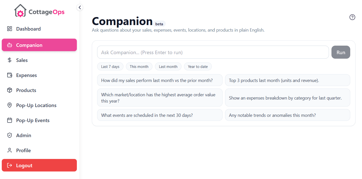 CottageOps Companion answering questions about business data