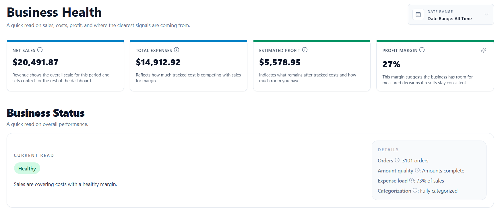 CottageOps Business Health dashboard showing business status and next steps