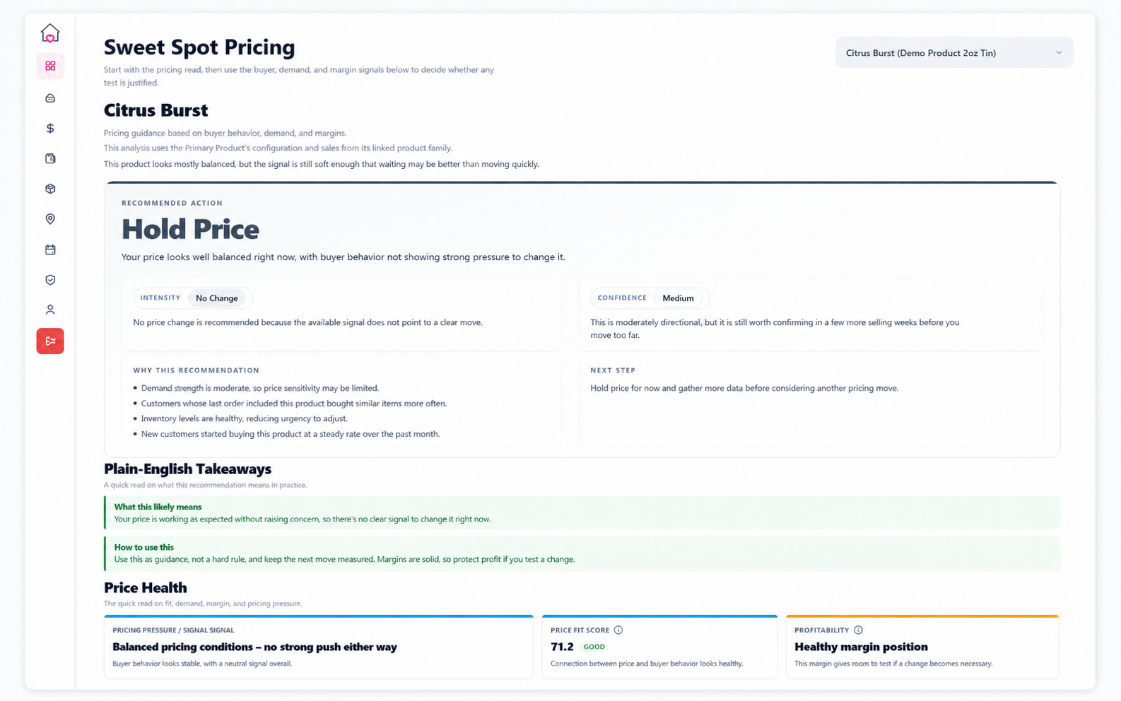 CottageOps Sweet Spot Pricing showing a Hold Price recommendation, confidence, takeaways, and price health