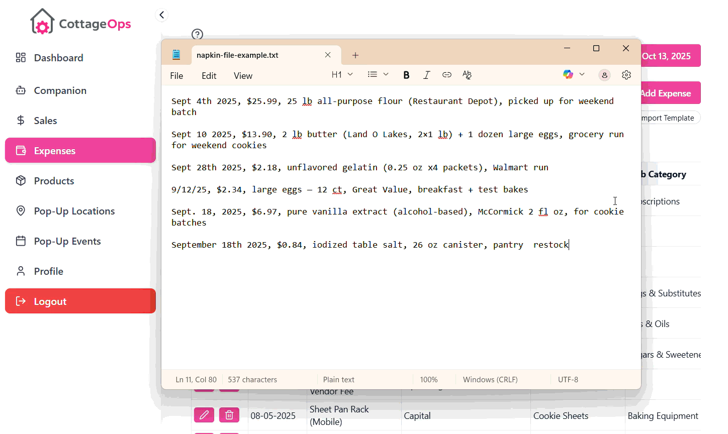 Napkin import workflow inside CottageOps