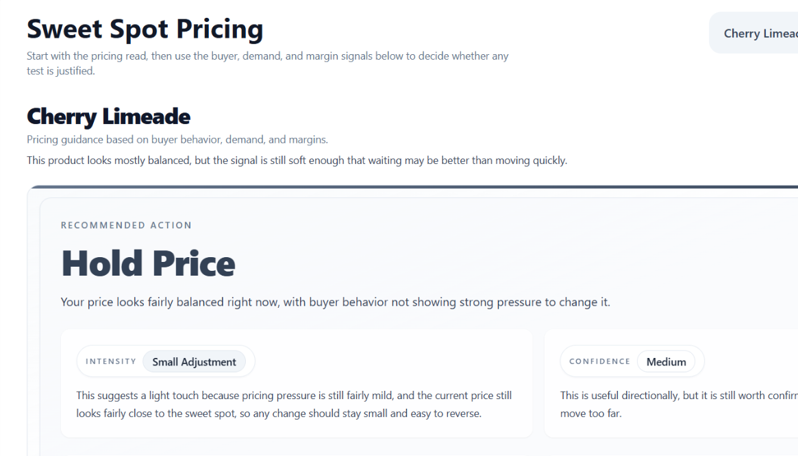 Sweet Spot Pricing recommendation dashboard in CottageOps